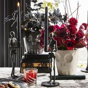 Pottery Barn Skeleton Taper Candle Holder Black Sold Out New In Box ☠️